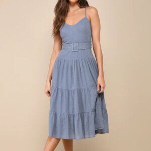 NEW Lulus Sweet Merriment Slate Blue Swiss Dot Bustier Tiered Midi Dress Size S